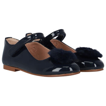Girls Navy Blue Fur Patent Leather Shoes